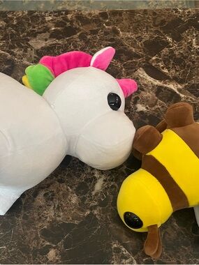 Adopt me mega neon light up Plush unicorn& Yellow Bee Stuffed Animals like new